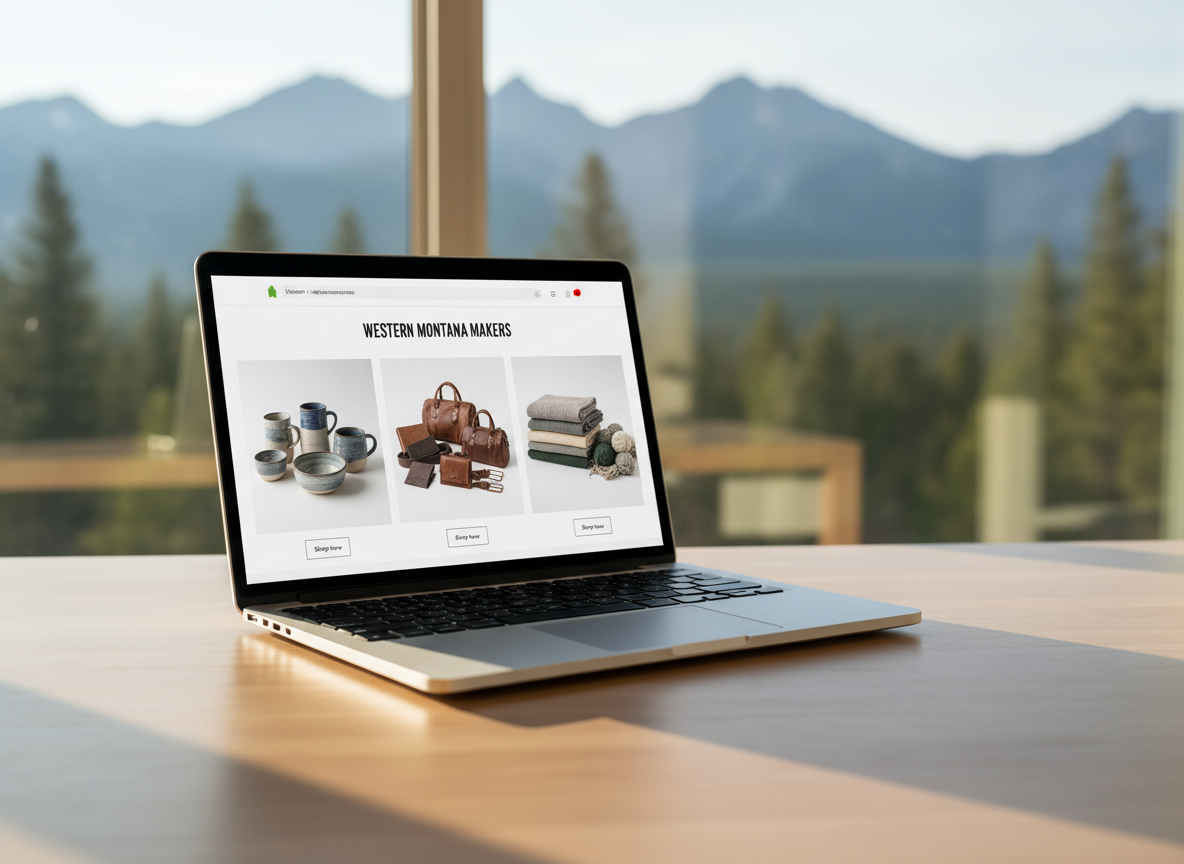 A sleek silver laptop open on a smooth, light-ash wood desk, its screen displaying a clean, minimalist Shopify storefront mockup featuring Western Montana products like handcrafted ceramics, leather goods, and natural wool textiles. Behind the laptop, a large window reveals a softly blurred hint of Montana mountains and pine trees, rendered in muted blues and greens. Soft morning natural light pours in from the window, creating gentle highlights along the laptop’s edges and subtle shadows across the desk. Photographic realism with a clean, modern aesthetic, shot at eye level with a shallow depth of field so the interface is crisply in focus while the background fades into a creamy bokeh. The mood is professional yet warm, suggesting clarity, speed, and focus for local makers getting online quickly.